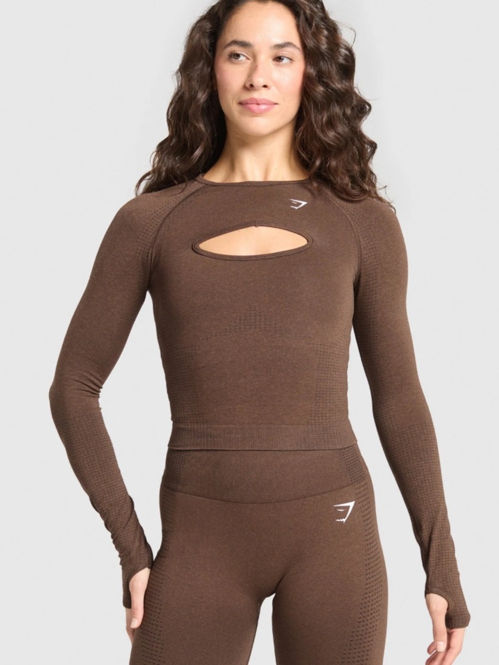 Gymshark Brown Seamless Long Sleeve Cropped Top with Front Cutout
